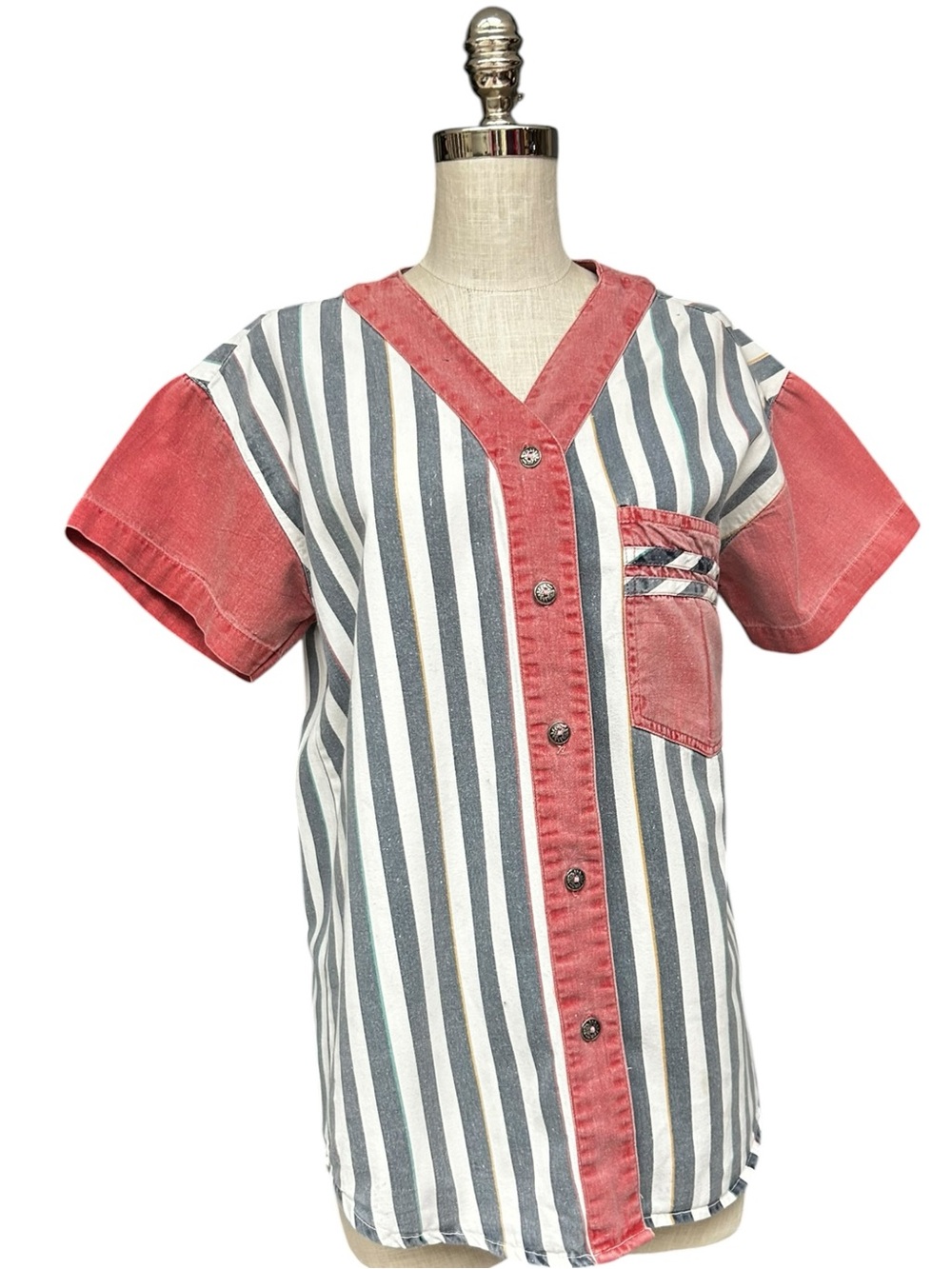 Vintage Teez Me Vintage Striped Button Front Cotton Top Small, Sporty Summer